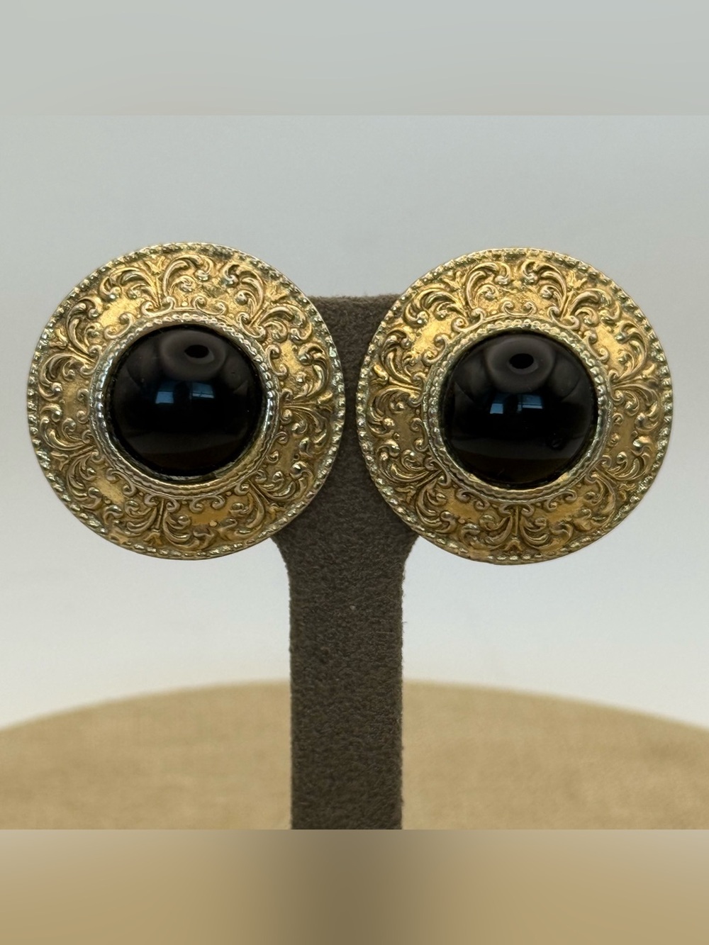 Vintage Ellen designs Gold Ornate Cabochon Earrings with Black Center